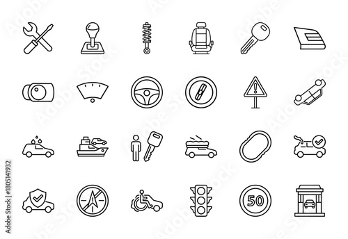 Automotive line icon set. Vector pictograms of wrench, gear, seat, key, steering wheel, warning, car wash, compass, traffic light, speed limit, and parking, thin linear illustration.