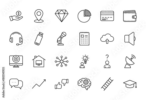 Business and technology line icon set. Vector pictograms of money, location, diamond, data chart, credit card, headset, cloud, network, idea, and brain, thin linear illustration.