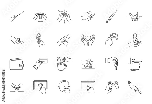 Hands and activities line icon set. Vector pictograms of knitting, writing, care, finance, cleaning, gaming, and various interactive gestures, thin linear illustration.
