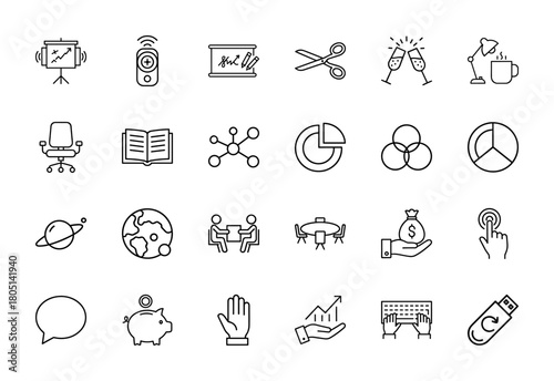 Business and office line vector icon set, featuring thin linear pictograms for business activities, office tools, finance, and global networking.