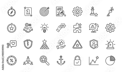 Strategic planning line icon set. Vector pictograms of compass, target, analytics, innovation, partnership, security, growth, and achievement, thin linear illustration.