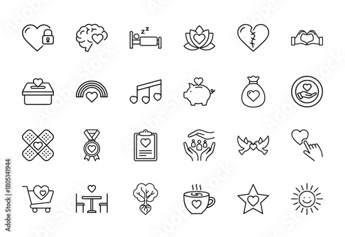 Love, care, well-being vector line icon set. Thin linear illustrations for health, family, and emotional support.