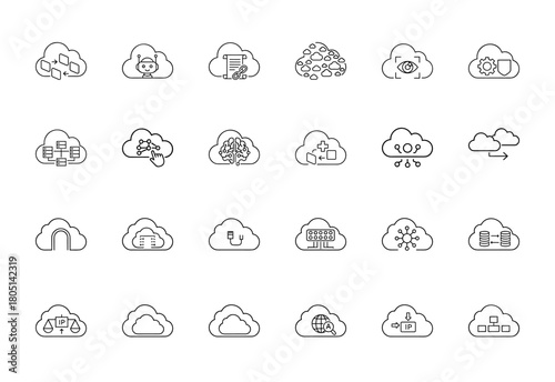 Cloud computing line icon set. Vector pictograms of data flow, artificial intelligence, security, server network, big data, and IP management, thin linear illustration.