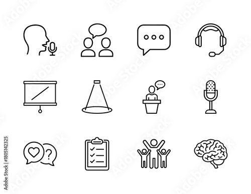 Communication line icon set. Vector pictograms of speaker, microphone, discussion, headphones, projector, spotlight, podium, checklist, brain, thin linear illustration.