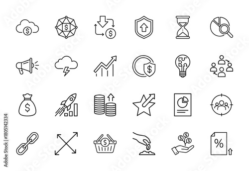 Business and finance line icon set. Vector pictograms of money cloud, blockchain, financial transfer, security shield, growth chart, startup rocket, and target audience, thin linear illustration.