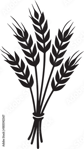 Minimal wheat stalk bundle silhouette vector, clean mono line agricultural element on transparent background