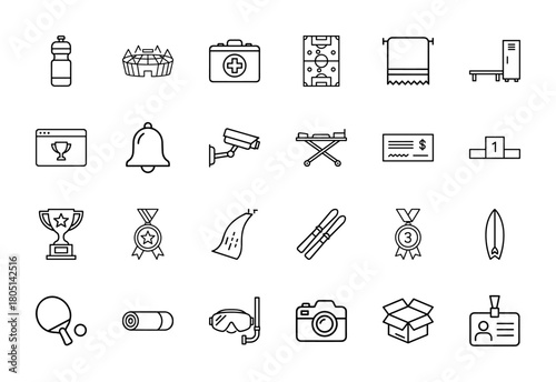 Sports and achievement vector line icon set. Thin linear pictograms of athletic equipment, awards, and event-related items.