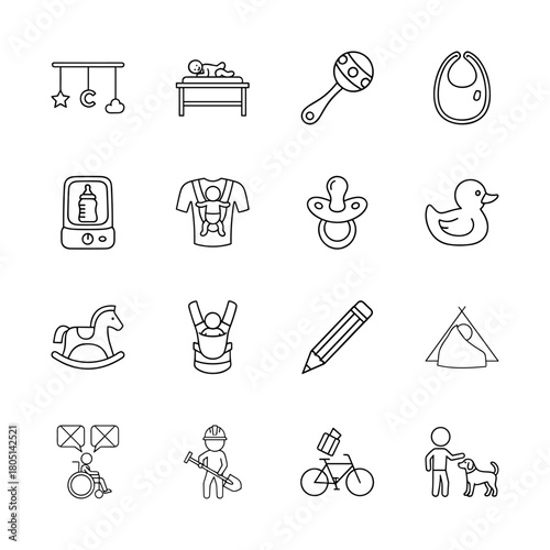 Baby care and family line icon set. Vector pictograms of baby mobile, changing table, rattle, bib, pacifier, rocking horse, and bicycle, thin linear illustration.