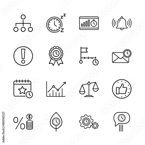 Time management line icon set. Vector pictograms of organizational chart, sleeping clock, bar chart, timeline, calendar, scales, and gears, thin linear illustration.