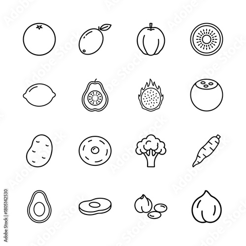 Healthy food line icon set. Vector pictograms of orange, apple, kiwi, lemon, papaya, dragon fruit, coconut, potato, carrot, broccoli, avocado, and garlic, thin linear illustration.