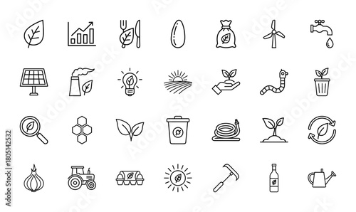 Ecology and agriculture line icon set. Vector pictograms of leaves, solar panels, windmills, plants, farm tools, and organic food, thin linear illustration.
