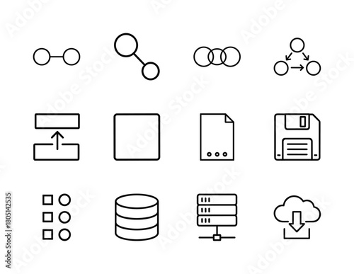 Technology data network line icon set. Vector pictograms of connection, share, data flow, upload, document, storage, database, server, and cloud download, thin linear illustration.