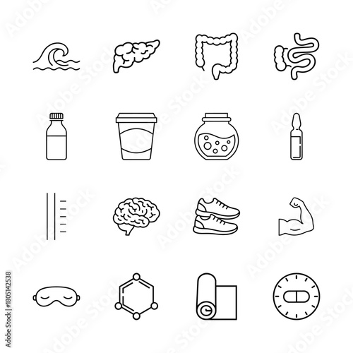 Health and wellness line icon set. Vector pictograms of human organs, fitness gear, medical supplies, and nutrition elements, thin linear illustration.