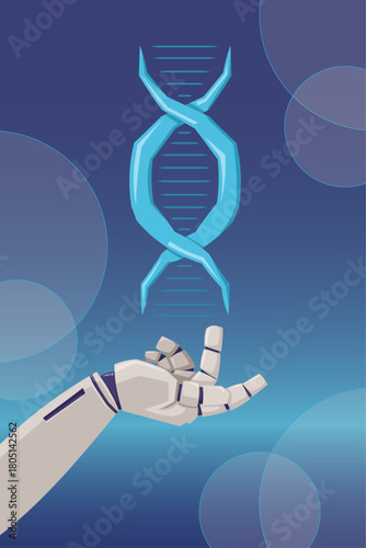 Robotic hand interacting with glowing DNA strand in a futuristic science concept