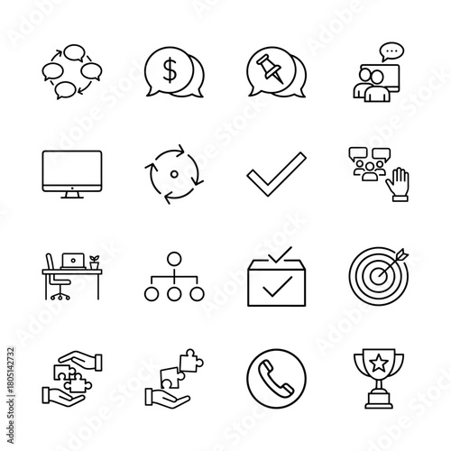 Business and communication line icon set. Featuring discussion, workflow, office, and achievement concepts, vector illustration.