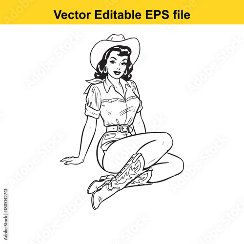 Pinup cowgirl sitting, vintage style, vector illustration