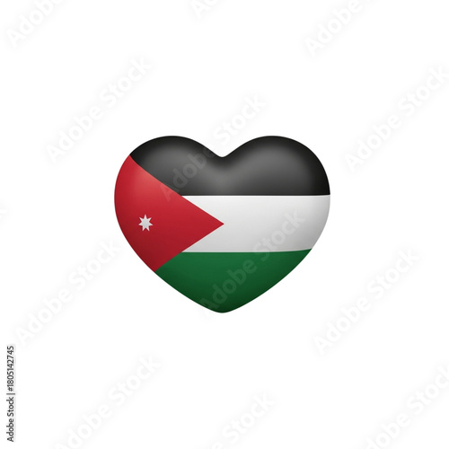 A three-dimensional heart icon displaying the Jordanian flag (black, white, green, with a red chevron and star). Perfect for celebrating Jordanian national pride and Middle Eastern identity. Free Download A three-dimensional heart icon displaying the Jordanian flag (black, white, green, with a red chevron and star). Perfect for celebrating Jordanian national pride and Middle Eastern identity. - GFXLoad