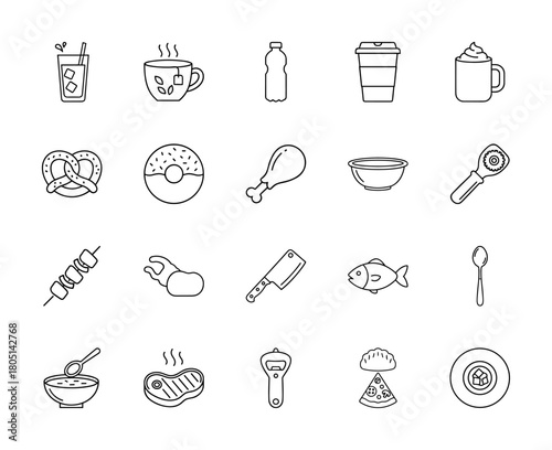 Food and drink line icon set. Vector pictograms of beverages, snacks, desserts, meats, seafood, and kitchen tools, thin linear illustration.
