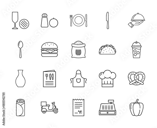 Food and restaurant service line icon set. Vector pictograms of cutlery, burger, taco, chef hat, pretzel, scooter, receipt, and cash register, thin linear illustration.