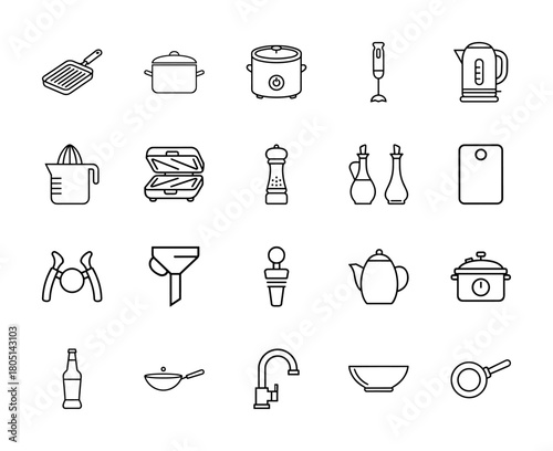 Kitchenware line icon set. Vector pictograms of grill pan, pot, cooker, blender, kettle, juicer, toaster, pepper mill, oil cruet, cutting board, teapot, wok, frying pan, thin linear illustration.