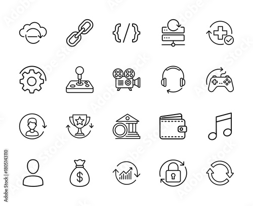 Modern digital services line icon set. Vector pictograms of cloud, link, code, server, camera, gamepad, wallet, bank, user, and music, thin linear illustration.