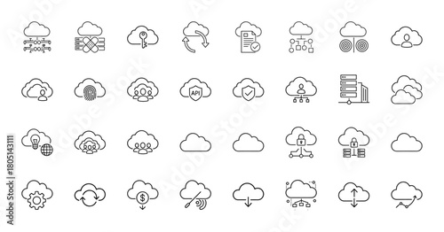 Cloud computing line icon set. Vector pictograms of network, security, storage, servers, users, API, synchronization, data transfer, and analytics, thin linear illustration.
