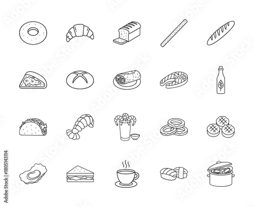 Food line icon set. Vector pictograms of donut, croissant, bread, baguette, burrito, salmon, taco, shrimp, sandwich, sushi, and coffee, thin linear illustration.