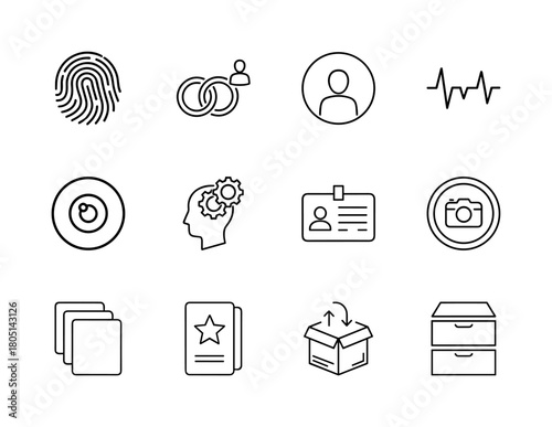 Digital identity, security, and data management line icon set. Vector pictograms of fingerprint, user, linked profiles, heartbeat, ID card, camera, files, and shipping, thin linear illustration.