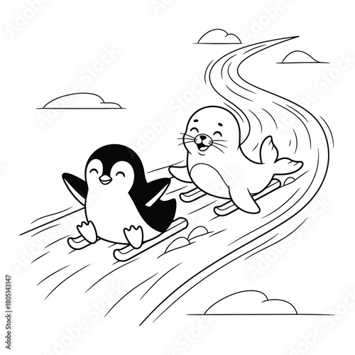 Penguin and seal skiing down a snowy slope animal sliding