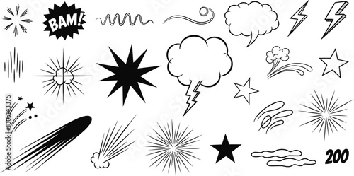 Collection of comic book-style sound effects and speech bubbles