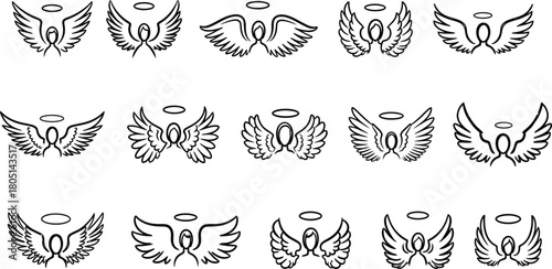 Collection of stylized angel wings and halos hand drawn illustrations