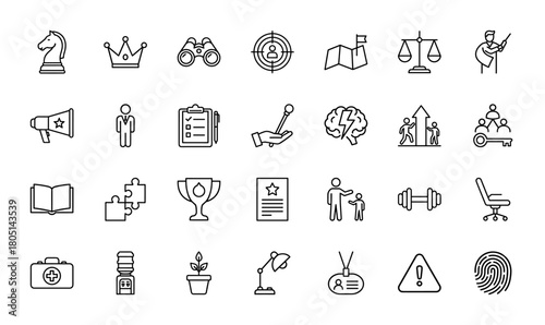 Strategic business line icon set. Vector pictograms of a chess knight, target, map, scales, megaphone, clipboard, brain, and trophy, thin linear illustration.
