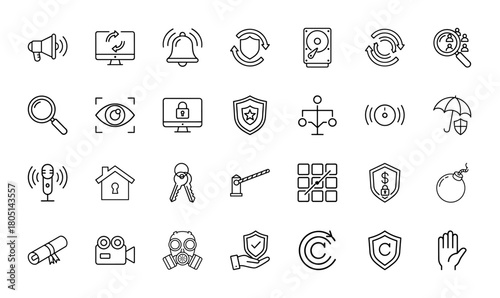 Security and technology line icon set. Vector pictograms of megaphone, monitor, bell, shield, hard drive, eye scan, padlock, umbrella, keys, and camera, thin linear illustration.