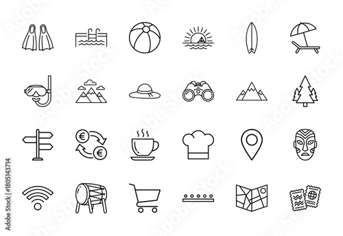 Travel and vacation line icon set. Vector pictograms of fins, beach ball, surfboard, mountains, hat, binoculars, currency, map, and tickets, thin linear illustration.