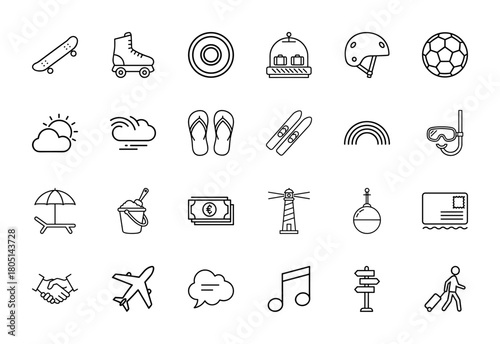 Travel, Leisure, and Recreation line icon set. Vector pictograms of an airplane, beach umbrella, skateboard, snorkel mask, sun, sand bucket, lighthouse, and roller skate, thin linear illustration.