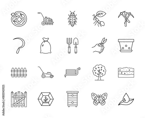 Gardening and nature line icon set. Vector pictograms of a worm farm, lawnmower, beetle, ant, sickle, garden tools, pruning shears, plant pot, beehive, butterfly, thin linear illustration.