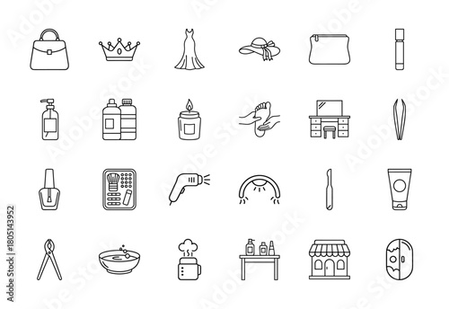 Beauty, fashion, and personal care line icon set. Vector pictograms of handbag, dress, hat, cosmetics, spa tools, salon, and treatments, thin linear illustration.