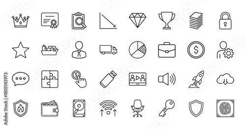 Universal interface line icon set. Vector pictograms of crown, certificate, delivery truck, briefcase, dollar coin, rocket, cloud, and fingerprint, thin linear illustration.