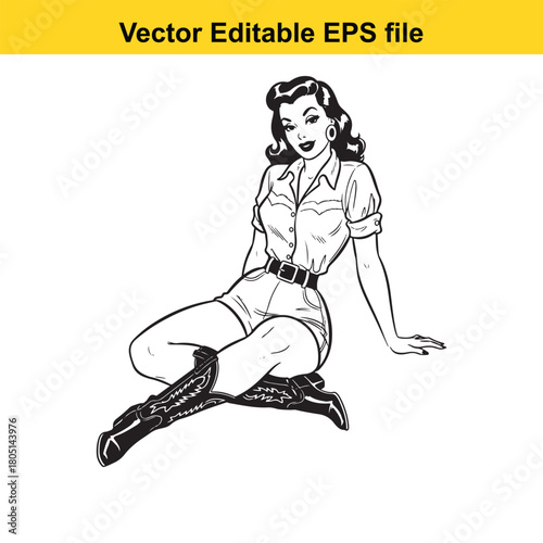 Retro cowgirl sitting in a pose, vintage illustration, isolated on