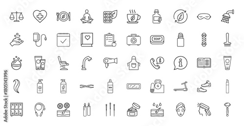 Wellness and beauty line icon set. Vector pictograms of medical care, self-care, fitness, spa, and beauty essentials, thin linear illustration.