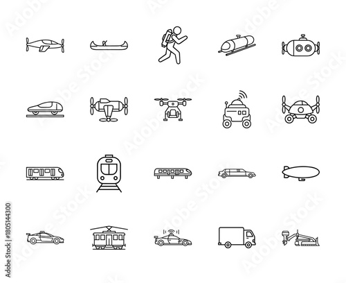 Transportation line icon set. Vector pictograms of aircraft, drones, submarines, trains, cars, trucks, canoes, rovers, jetpack, and tram, thin linear illustration.