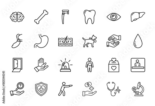 Medical and healthcare line icon set. Vector pictograms of brain, bone, tooth, eye, liver, stomach, dog, stethoscope, microscope, and pills, thin linear illustration.