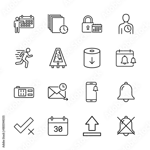 Time management and schedule line icon set. Vector pictograms of calendar, clock, documents, user, metronome, notifications, smartphone, and task control, thin linear illustration.