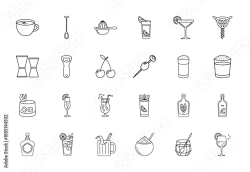 Bar and beverage line icon set. Vector pictograms of cocktails, drinks, barware tools, liquor bottles, and glasses, thin linear illustration.