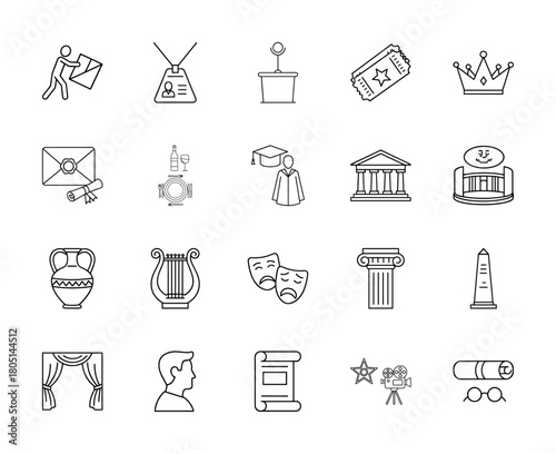 Arts, culture, and education line icon set. Vector pictograms of postman, ID, podium, ticket, crown, envelope, graduate, museum, masks, column, camera, thin linear illustration.