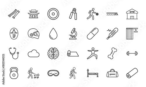 Health and lifestyle line icon set. Vector pictograms of gym, stethoscope, brain, basketball player, pill, yoga, helmet, and kettlebell, thin linear illustration.