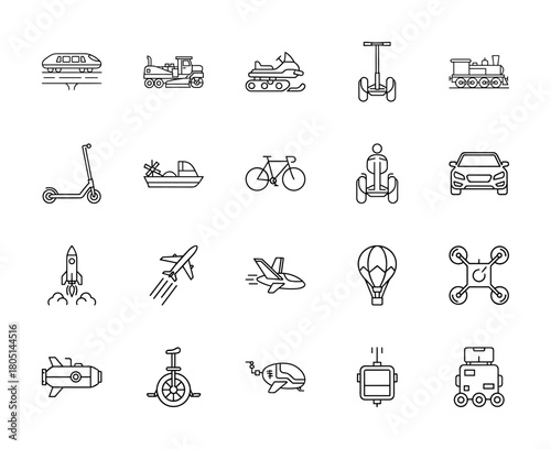 Transportation and modern mobility line icon set. Vector pictograms of car, train, airplane, drone, rocket, bicycle, scooter, and future vehicles, thin linear illustration.