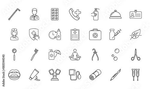 Healthcare and wellness line icon set. Vector pictograms of doctor, nurse, pills, syringe, first aid kit, crutches, toothbrush, and scalpel, thin linear illustration.