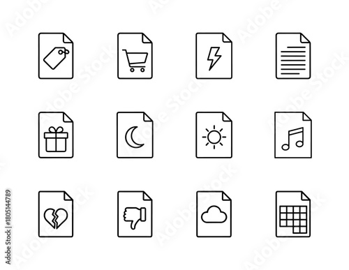 Document management line icon set. Vector pictograms of price tag, shopping cart, lightning bolt, text, gift, moon, sun, music, heart, thumbs down, cloud, and spreadsheet, thin linear illustration.