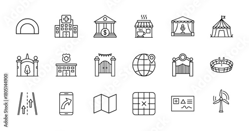 Urban services and travel line icon set. Vector pictograms of hospital, bank, coffee shop, circus tent, stadium, police station, globe, map, and wind turbine, thin linear illustration.